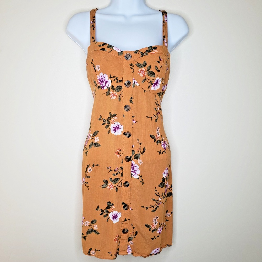 American Eagle Outfitters Mustard Floral Button-Front Sundress